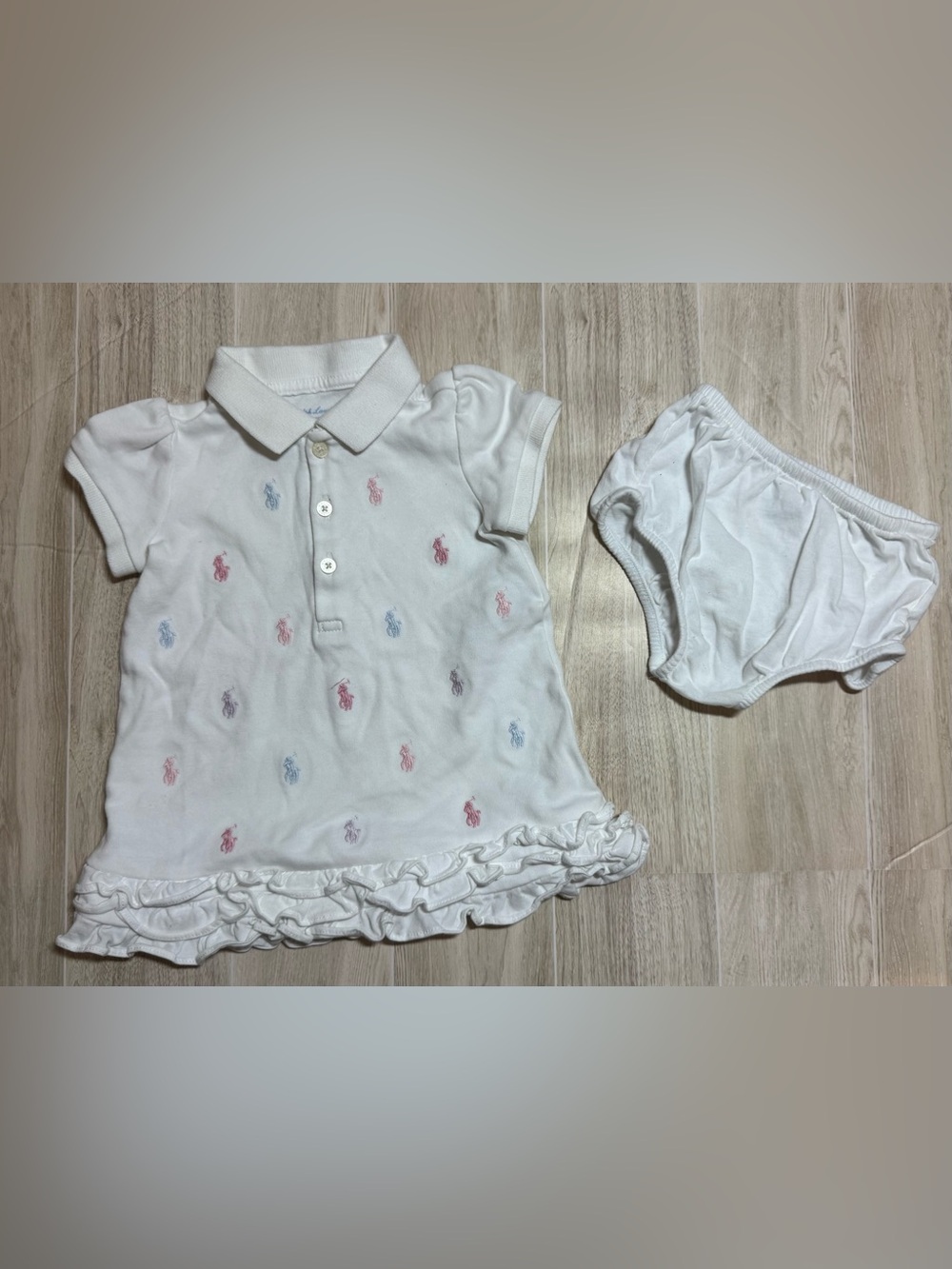 Ralph Lauren White Polo Dress & Bloomer with Multicolor Pony Embroidery 6M